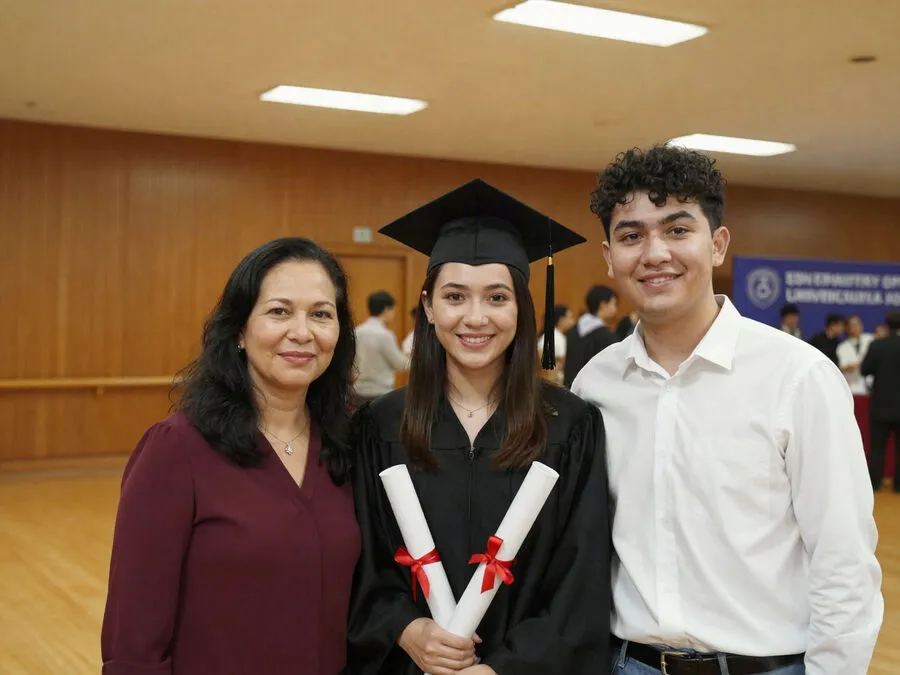 Before: a graduate in cap and gown holding two diplomas, with her mother and brother in an auditorium.
