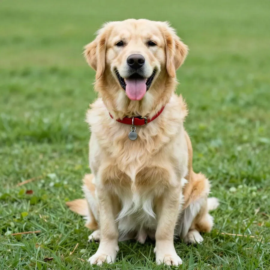 A golden retriever with a red collar sitting on grass.