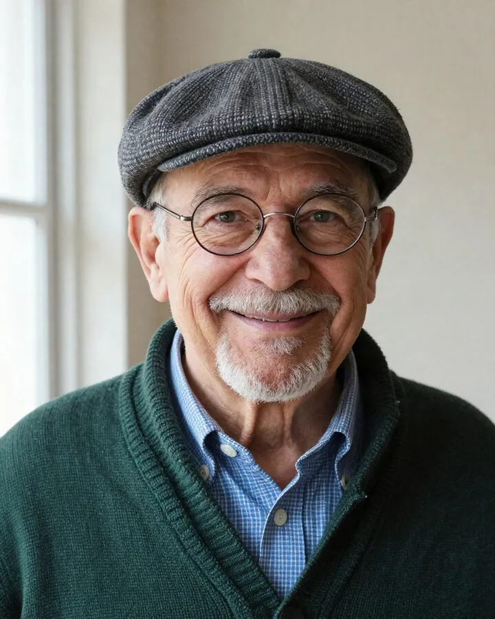 The loved one: an older man with a grey goatee, round glasses and a tweed flat cap.