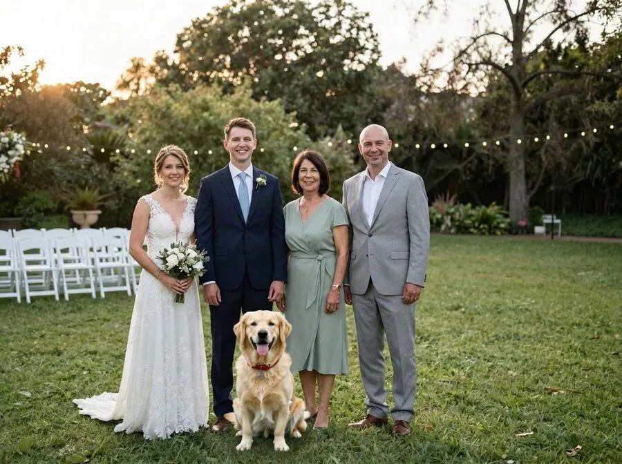 A golden retriever with a red collar sitting in front of the bride and groom in the wedding group.