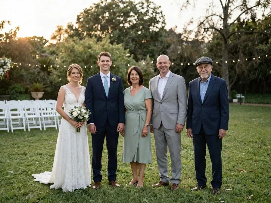 After: the older man in the flat cap and a navy jacket now stands at the end of the wedding group, in the same warm evening light.