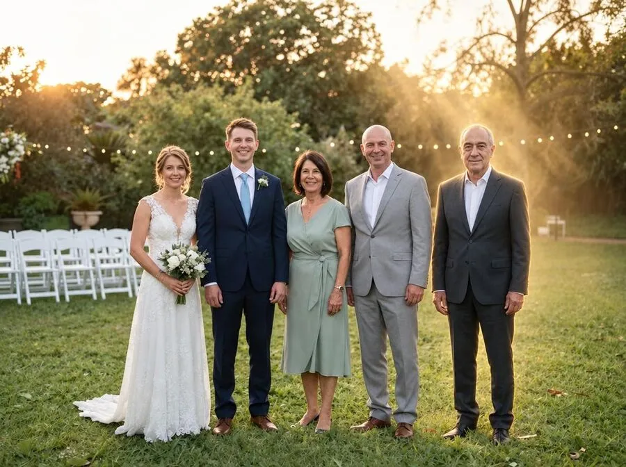 Heavenly Light look: the same wedding group, with warm golden light falling behind the added man.