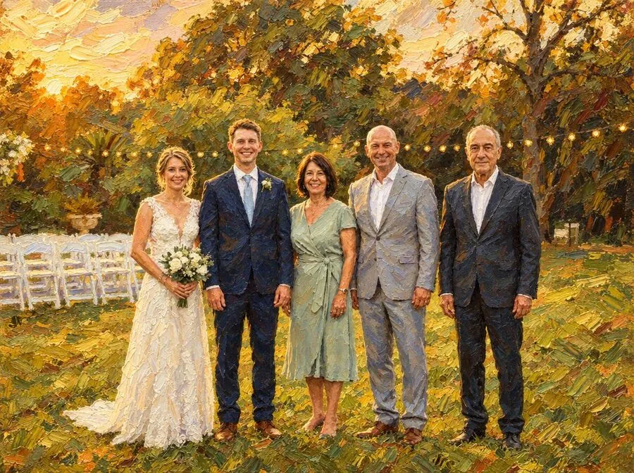 Oil Painting look: the wedding group rendered as a classical oil painting with visible brush strokes.