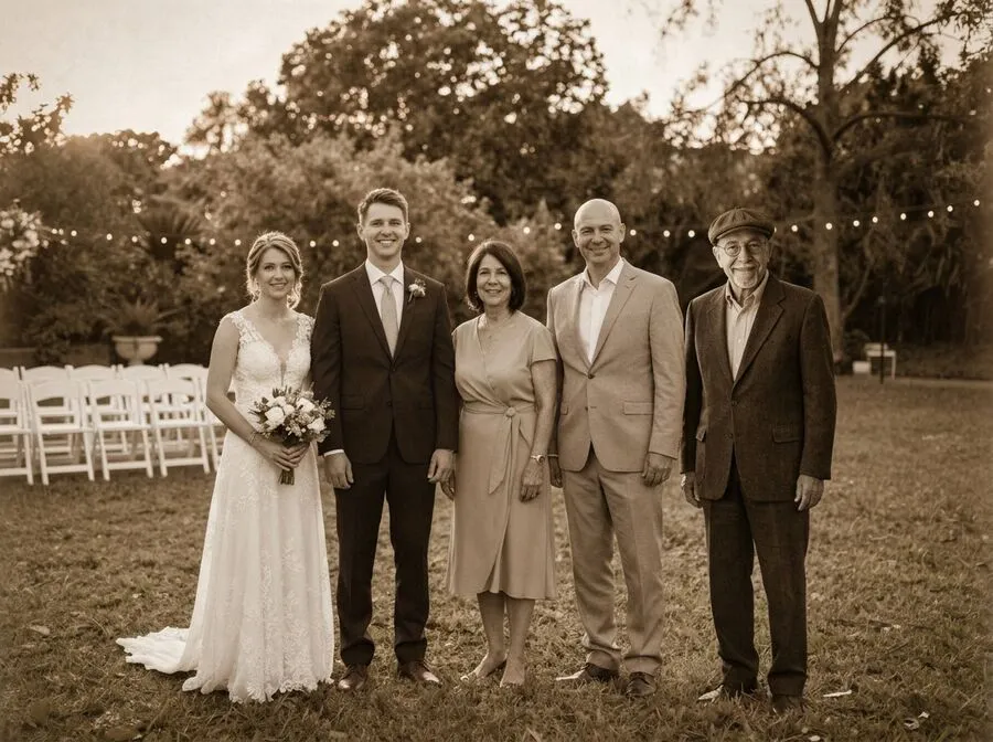 Vintage Film look: the wedding group as a warm sepia print with an older man in a flat cap added on the right.