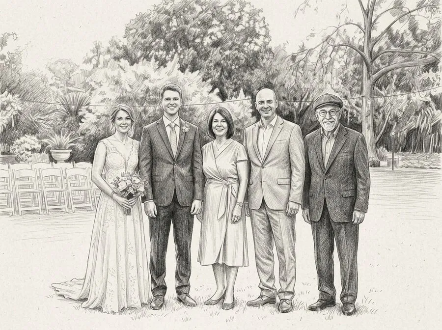 Soft Sketch look: the wedding group drawn in graphite pencil, including an older man in a flat cap and round glasses.