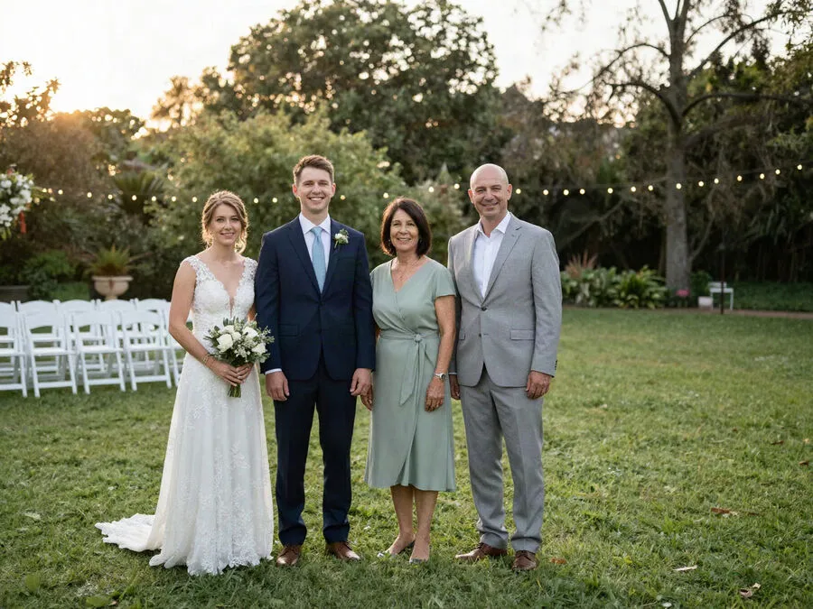 Before: a bride, a groom and two parents standing on a garden lawn at sunset.