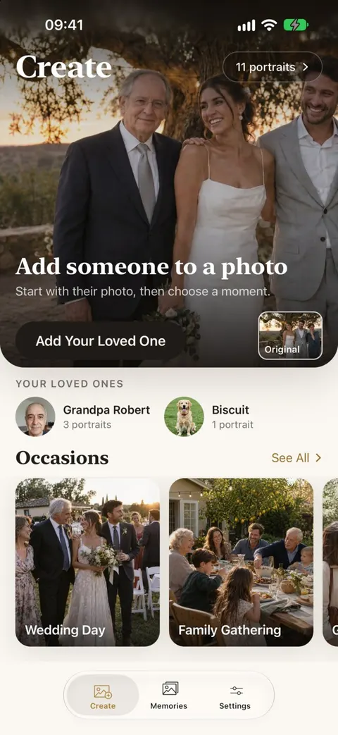 Create screen with a large title, the credit balance, and rows of occasions and looks.