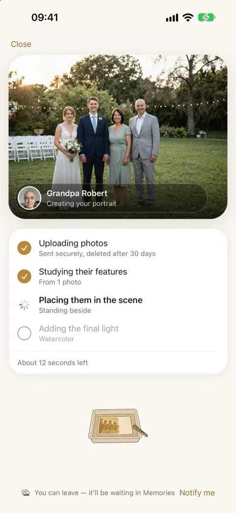 Creating screen with the portrait slowly appearing and progress steps.