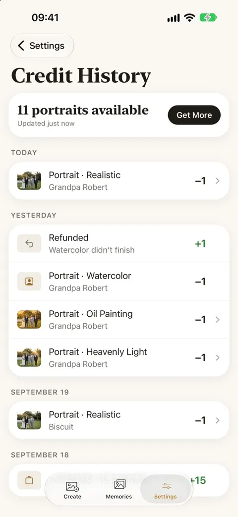 Credit history screen listing purchases, portraits used and automatic refunds.