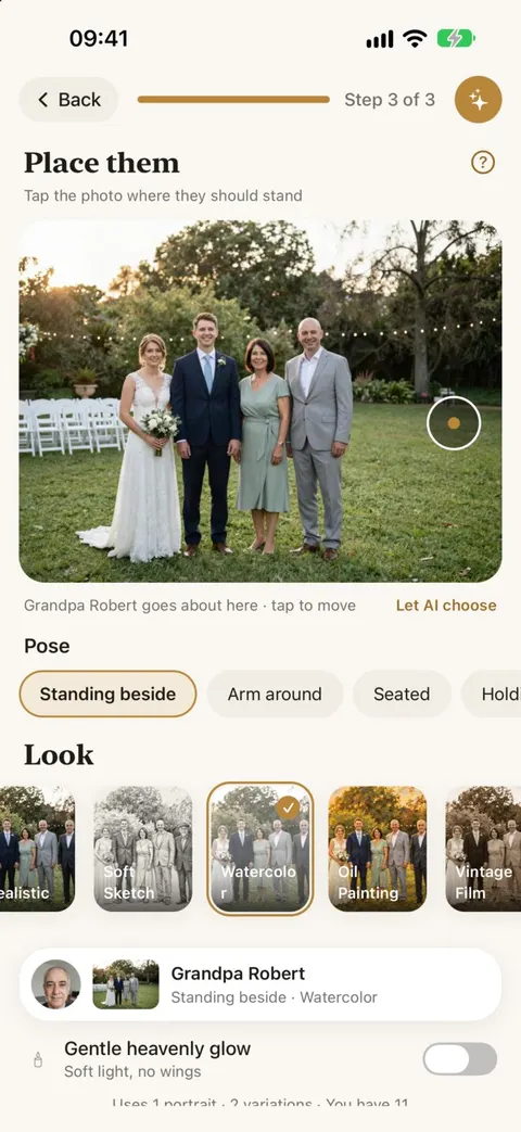 App screen: Choose a look, with Keep it real or Artistic looks such as soft sketch, watercolor, oil painting, vintage film and heavenly light.