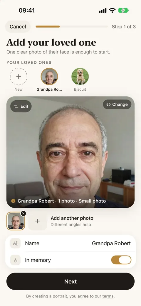 App screen: Add your loved one, with a main photo, checks for face found, sharp and facing camera, and three optional extra photos.
