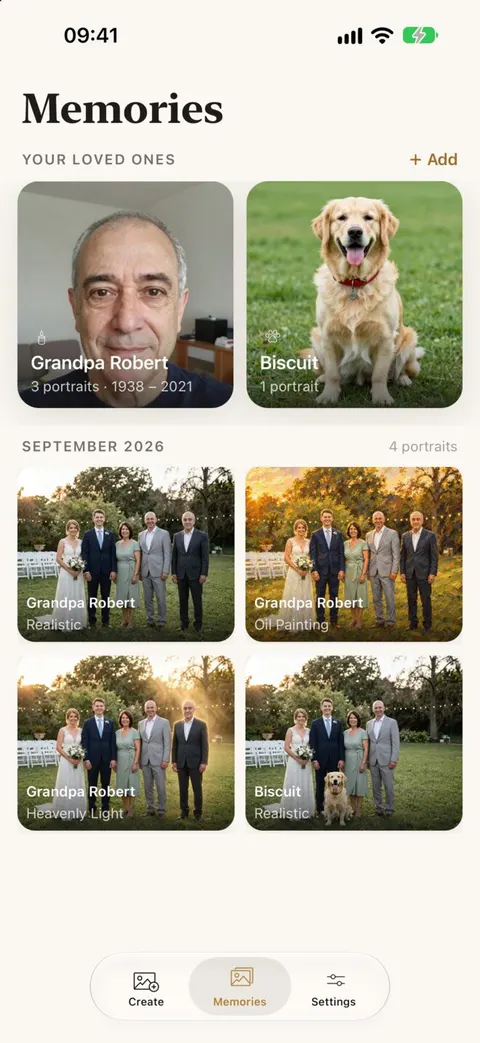 Memories screen with albums per loved one and a grid of portraits.