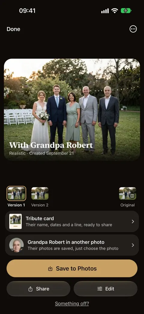 Result screen with the finished family photo and the original shown as a small card.