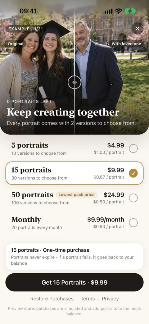 Store sheet: 5 credits for $4.99, 15 for $9.99 marked most popular, 50 for $24.99 marked best value, with the promises no subscription needed, credits never expire and failed portraits refunded automatically.