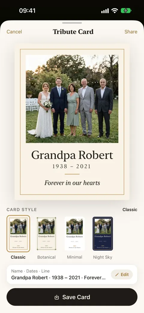 App screen: Tribute card. A family photo with Grandpa, his name Robert Miller, the years 1948 to 2023 and the line Forever in our hearts, with four card designs below.