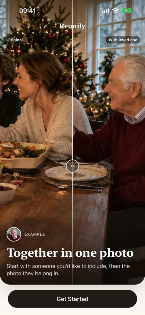 Welcome screen: a family photo, a portrait of Grandpa, and the two combined. Together in one photo.